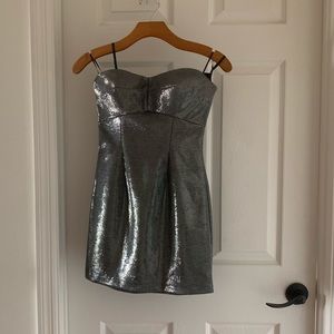 Black metallic strapless dress